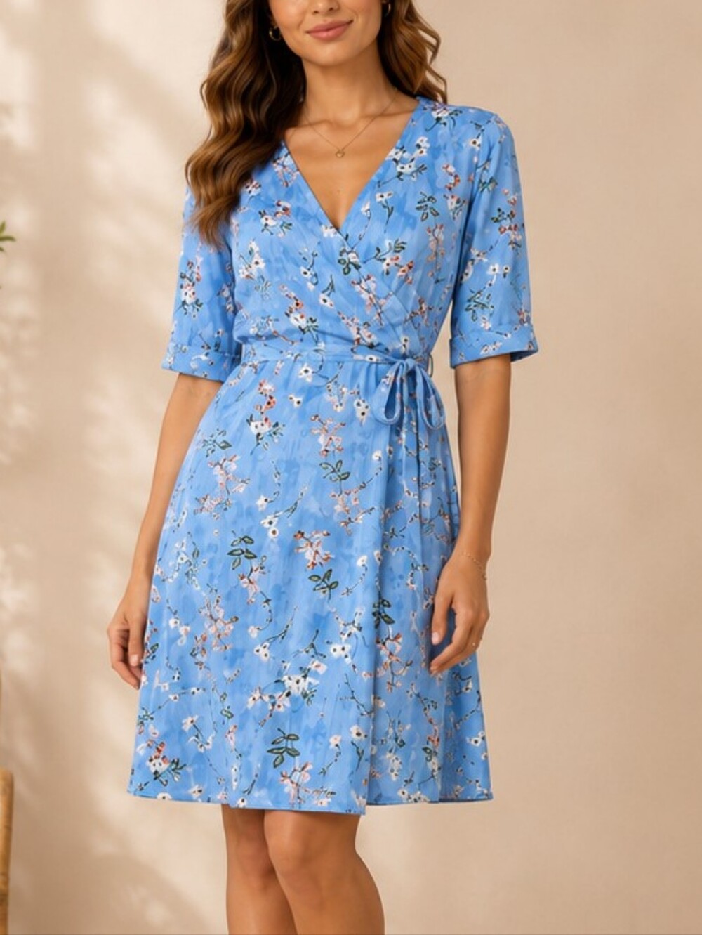 Magazine 3/4 Sleeve Light Blue Floral Wrap Mini Dress with Tie Waist Size M NWT